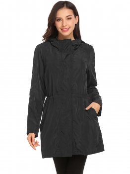 

Black Women Hooded Long Sleeve Front-Zip Lightweight Rain Jacket Coat, Multicolor