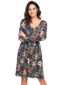 

Navy blue Women V-Neck Long Sleeve Ruched Waist Floral Print Casual Dress, Multicolor