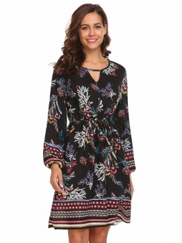 

Black Women O-Neck Long Sleeve Drawstring Waist Print Bohemian Casual Mini Dress, Multicolor