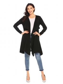 

Black Women Long Sleeve Lapel Knitting Irregular Cardigan Front Open with Belt, Multicolor