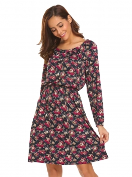 

Red Round Neck Long Sleeve Floral Slim Fit Casual A-Line Dress, Multicolor