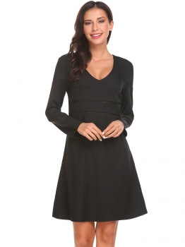 

Black Women Casual V Neck Long Sleeve Solid A Line Dress, Multicolor