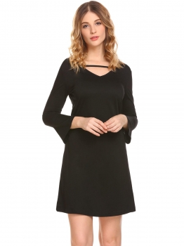 

Black Women Casual V Neck Flare Sleeve A Line Mini Casual Dress, Multicolor