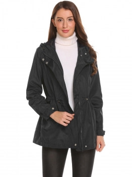 

Black Women Hooded Long Sleeve Drawstring Slim Waist Zip Up Jacket, Multicolor