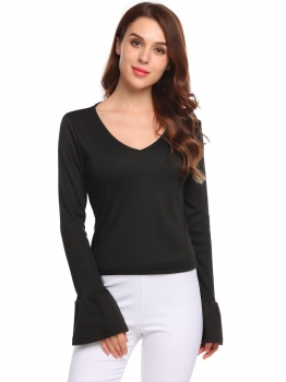 

Black Women Fashion V-Neck Long Trumpet Sleeve Solid Rib Slim T-Shirt, Multicolor