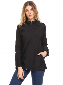 

Black Women Hooded Full Zip Drawstring Hem Casual Jacket with Pocket, Multicolor