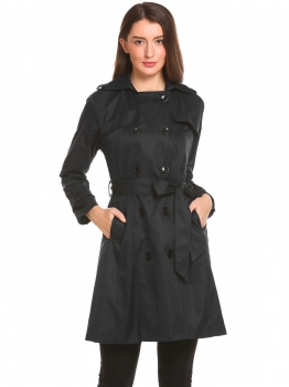 

Black Women Turn Down Collar Double Breasted Casual A-Line Trench Coat w" Belt, Multicolor