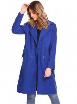 

Royal Blue Women Warm Lapel Double-breasted Solid Casual Loose Fit Long Wool Blend Coat, Multicolor