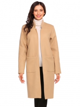

Khaki Women Stand Collar Open Front Long Wool Blend Trench Coat, Multicolor