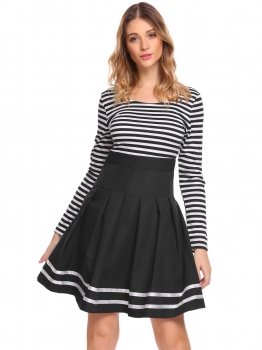 

Black Women Vintage Style Long Sleeve Backless Stripe Pleated Swing Dress, Multicolor