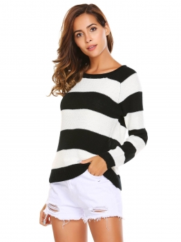 

Black and White Raglan Sleeve Back Zipper O Neck Block Stripes Loose Pullover Sweater, Multicolor