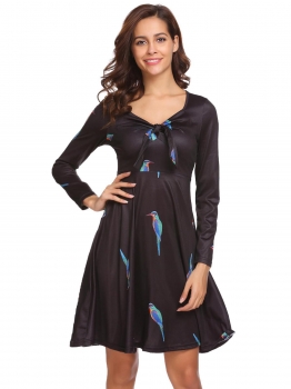

Black Women Vintage Style Long Sleeve Front Tie Printing A-Line Swing Dress, Multicolor