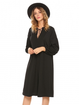

Black V-Neck Long Sleeve Loose A-Line Dress, Multicolor