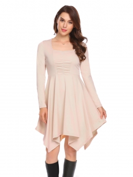 

Beige Long Sleeve Square Neck Slim Waist Loose A-Line Asymmetrical Dress, Multicolor