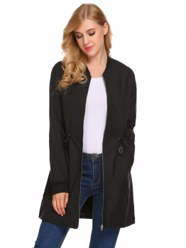 

Black Women Casual Stand Collar Long Sleeve Thread Cuffs Waist Drawstring Patchwork Zipper Windbreaker, Multicolor