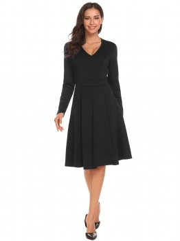 

Black Women Casual V Neck Long Sleeve Swing High Waist Dress A Line, Multicolor