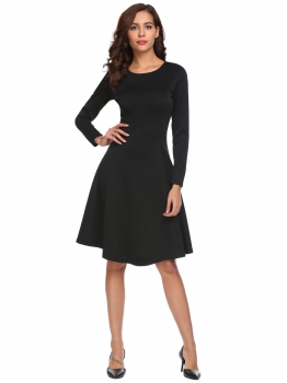 

Black Stylish Round Neck Long Sleeve Solid Swing A Line Going Out Dress, Multicolor