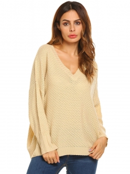 

Beige Long Sleeve V Neck Solid Knitted Loose Pullover Sweaters, Multicolor