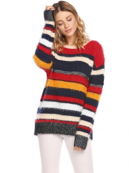 

Pattern O-Neck Long Sleeve Striped Thread Hem and Cuffs Knit Pullover Sweater, Multicolor