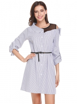 

Blue Women Asymmetrical Neck Mesh Patchwork Plaid Loose Button Front Casual Dress, Multicolor