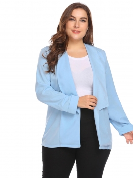 

Blue Women Shawl Lapel Open Front Solid Zipper Pocket Casual OL Blazer Plus Size, Multicolor