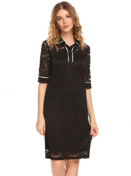 

Black Women Peter Pan Collar Half Sleeve Floral Lace Slim Fit Shift Dress, Multicolor