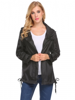 

Black Women Casual Hooded Long Sleeve Solid Zipper Pocket Drawstring and Split Hem Light Weight Jacket, Multicolor