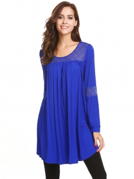 

Dark blue Women Casual O-Neck Long Sleeve Lace Patchwork Loose Blouse T-shirt Tops, Multicolor