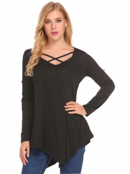 

Black Women V-Neck Criss Cross Roll Up Sleeve Solid Irregular Casual Loose Tunic Top, Multicolor