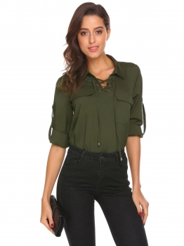 

Army green Women Casual Crossing Straps V-Neck Long Sleeve Solid Pocket Button Sexy Shirt, Multicolor