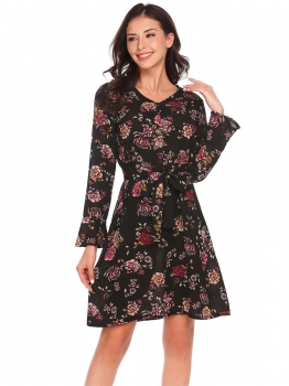 

Black Women Casual V Neck Flare Long Sleeve Loose Floral Printed Dress With Belt, Multicolor