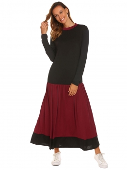 

Wine red Women Casual Long Sleeve Contrast Color Patchwork Loose Maxi Dress, Multicolor