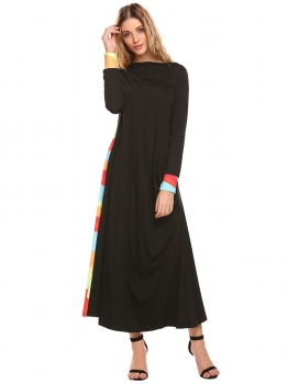 

Black Women Long Sleeve Stripe Patchwork Ruched Casual Loose Maxi Dress, Multicolor