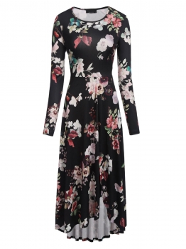 

Black Women Round Neck Long Sleeve Print High Slit Asymmetrical Hem Maxi Dress, Multicolor