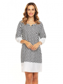 

Gray Women O-Neck Lantern Sleeve Wave Print Casual Loose Fit Shift Dress, Multicolor