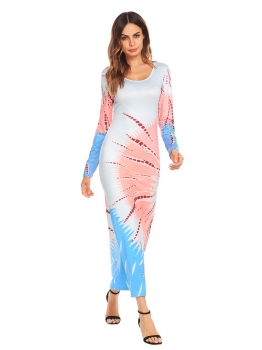 

Light blue Round Neck Long Sleeve Print Bodycon Slim Fit Casual Maxi Dress, Multicolor