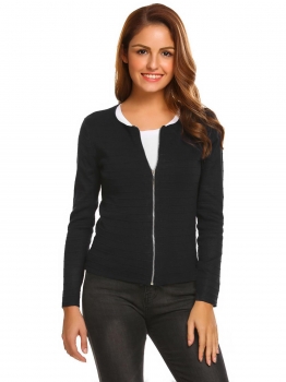

Black Women O-Neck Long Sleeve Full Zip Slim Fit Casual Jacket, Multicolor