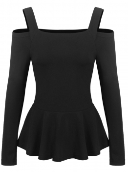 

Black Women Casual Spaghetti Straps Long Sleeve Cold the Shoulder A-Line Pleated Casual Top, Multicolor