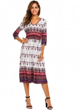 

White Boho Style V-Neck 3"4 Sleeve Drawstring Print Pleated Casual Dress, Multicolor