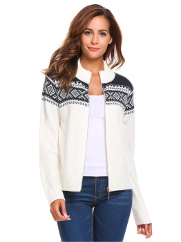 

Beige Stand Collar Long Sleeve Full Zip Print Knitted Casual Cardigan, Multicolor