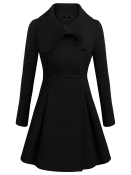 

Black Women Warm Wide Lapel Double-breasted Solid Slim Fit High Waist Wool Blend Coat, Multicolor