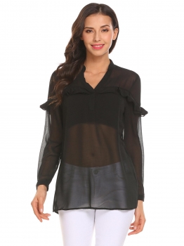 

Black Women Notch Collar Long Sleeve See-through Ruffles Casual Chiffon Blouse, Multicolor