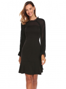 

Black Women Casual Stand Collar Back Lace Up Package Hip Patchwork Sexy Dress, Multicolor