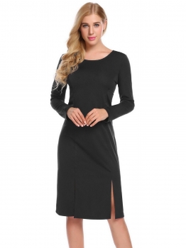 

Black Women Casual O-Neck Long Sleeve Solid Back Crossing Straps Split Hem Sexy Dress, Multicolor