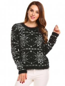 

Black Women O-Neck Long Sleeve Christmas Casual Soft Knit Pullover Sweater, Multicolor