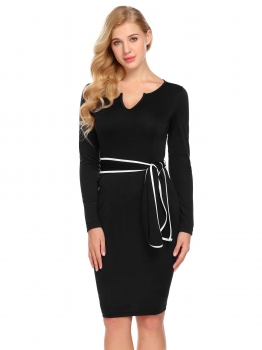 

Black Women Notch Neck Long Sleeve Bodycon Business Casual Dress, Multicolor