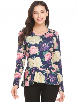 

Navy blue Women Casual O-Neck Long Sleeve Prints A-Line Pleated Hem Sexy Blouse T-shirt Tops, Multicolor