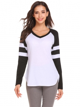 

Black V-Neck Long Sleeve Asymmetrical Hem Sexy Blouse T-shirt, Multicolor