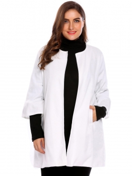 

White Women's Fashion Plus Size Flare Long Sleeve Open Front Solid Woolen Coat, Multicolor