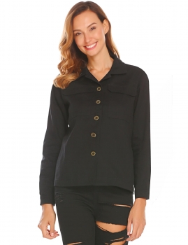 

Black Women Casual Turn-down Collar Long Sleeve Solid Button Pocket Sexy Shirt Blouse, Multicolor